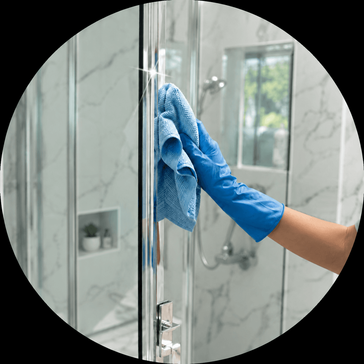 Bright Cleaning professional wiping a glass shower door